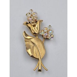 Vintage Emmons Gold Tone Floral Brooch Pin Iridescent Faceted Beads